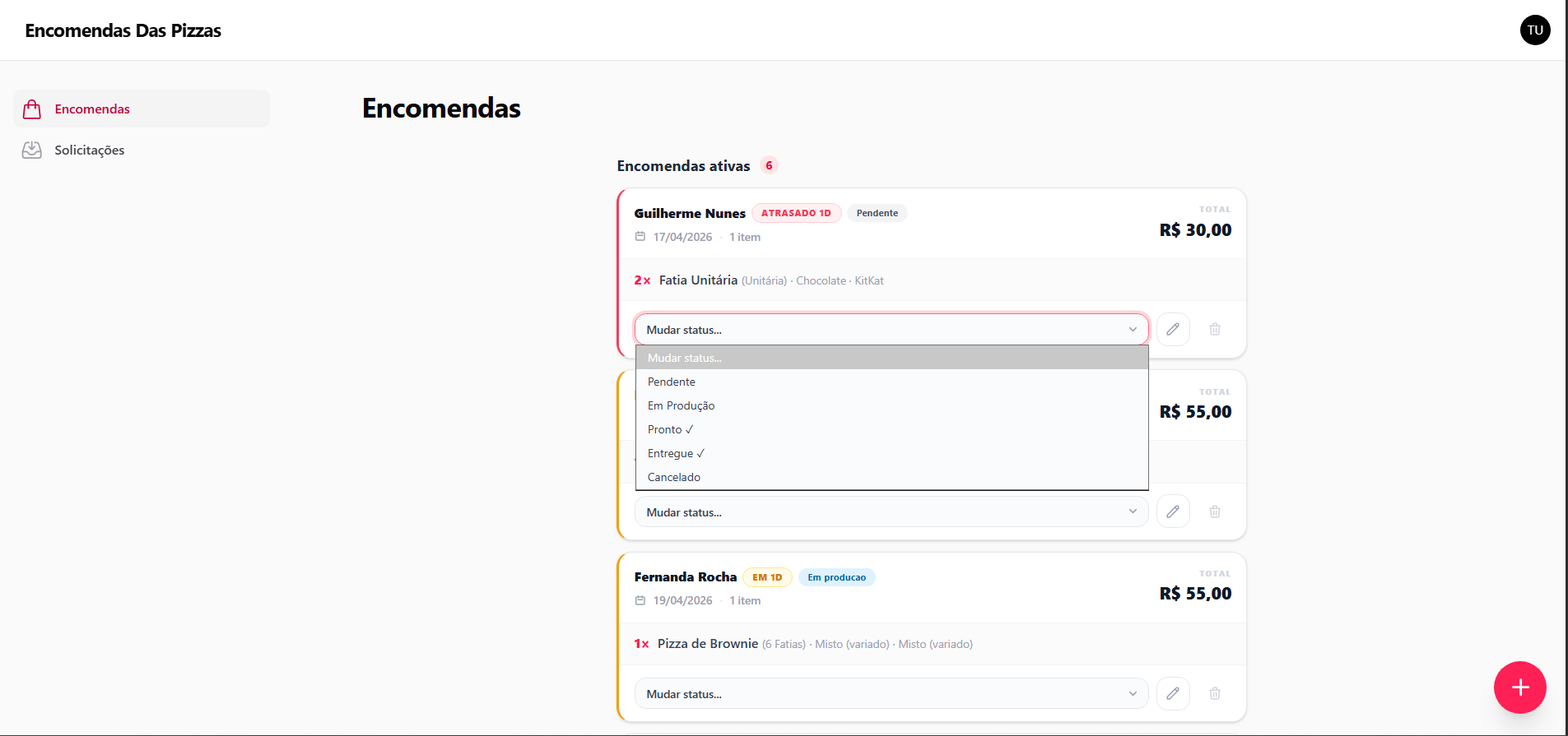 Tela de Encomendas
